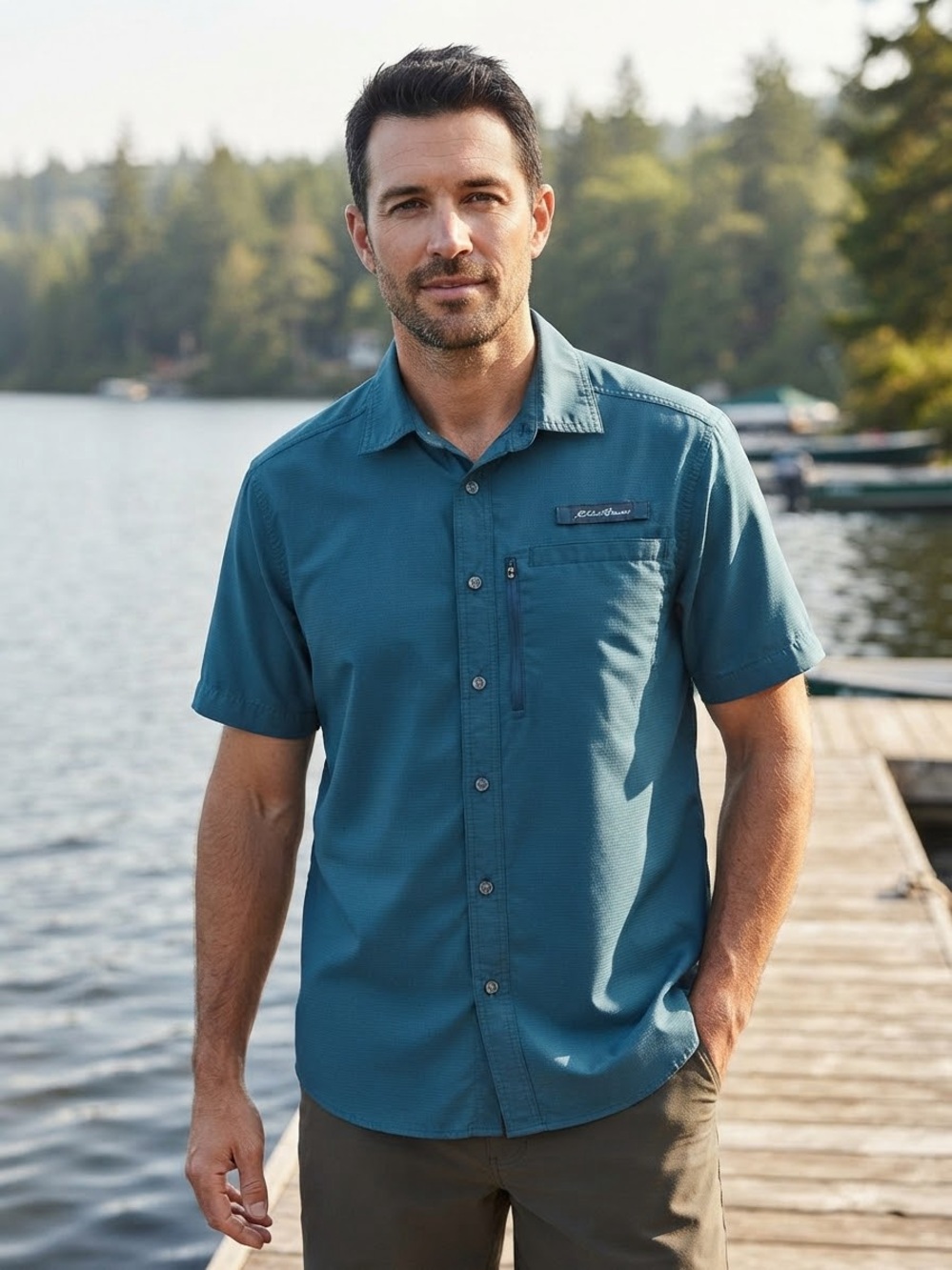 Eddie Bauer Blue Short Sleeve Button Down Shirt Size Large L Outdoor Travel